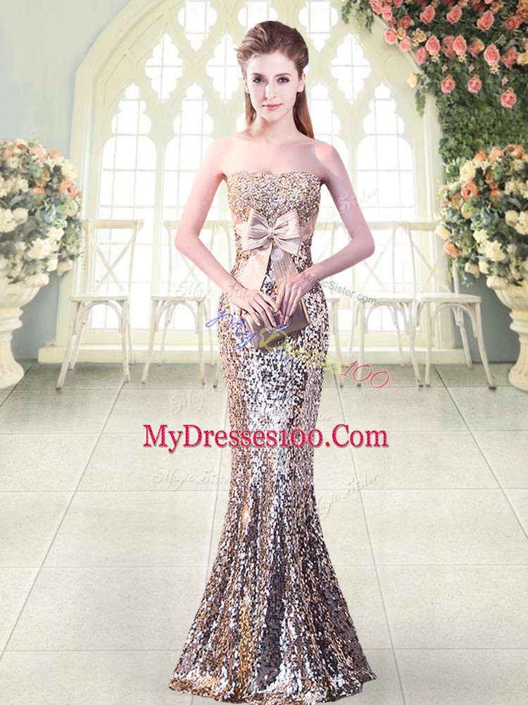 Sequined Sleeveless Floor Length Evening Dresses and Beading and Sequins and Bowknot