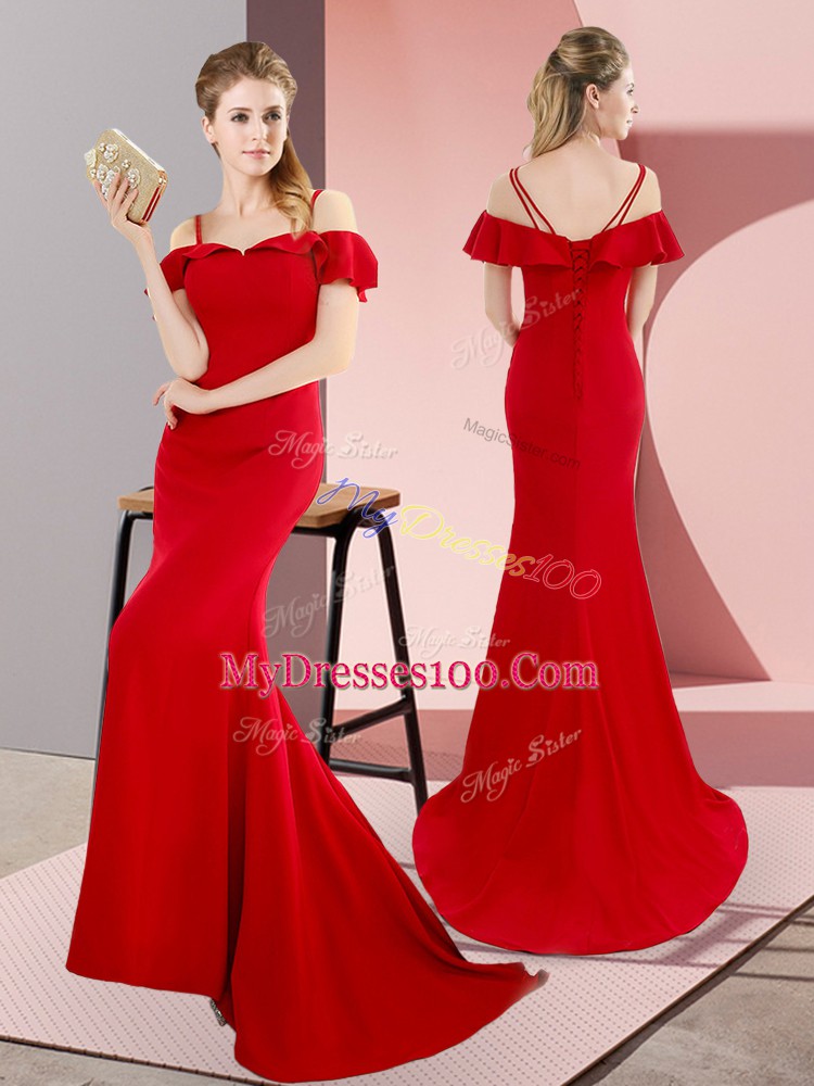 Dazzling Straps Sleeveless Sweep Train Lace Up Red Satin