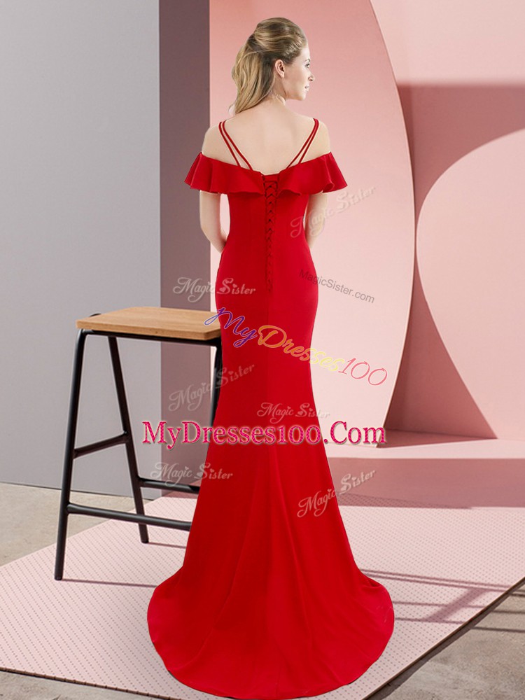 Dazzling Straps Sleeveless Sweep Train Lace Up Red Satin