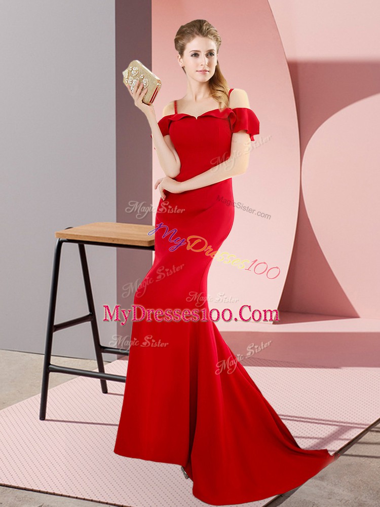 Dazzling Straps Sleeveless Sweep Train Lace Up Red Satin