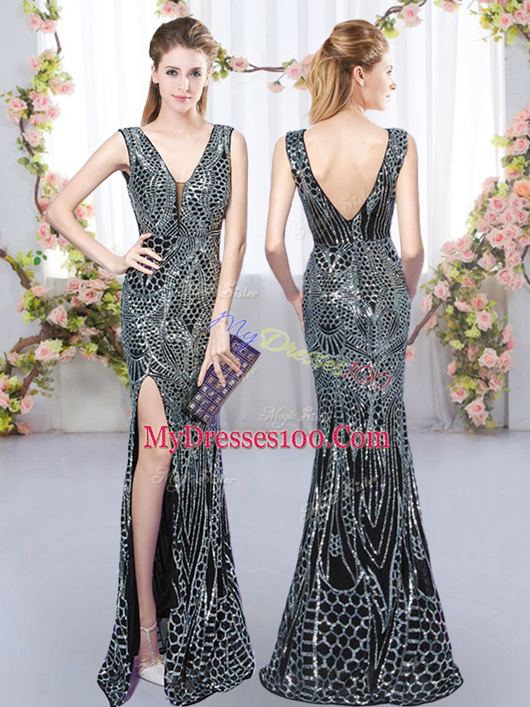 Sumptuous Sleeveless Floor Length Backless Bridesmaid Dress in Black with Sequins
