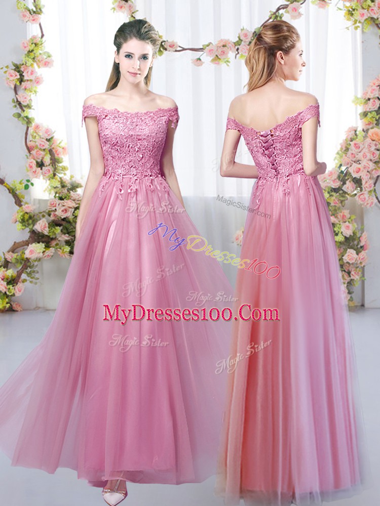 Exquisite Sleeveless Lace Up Floor Length Lace Dama Dress