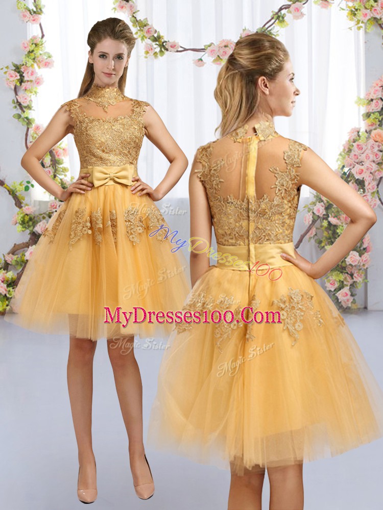 Gold A-line Lace and Bowknot Bridesmaid Dresses Zipper Tulle Cap Sleeves Knee Length