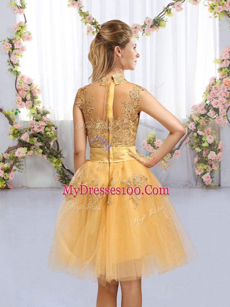 Gold A-line Lace and Bowknot Bridesmaid Dresses Zipper Tulle Cap Sleeves Knee Length