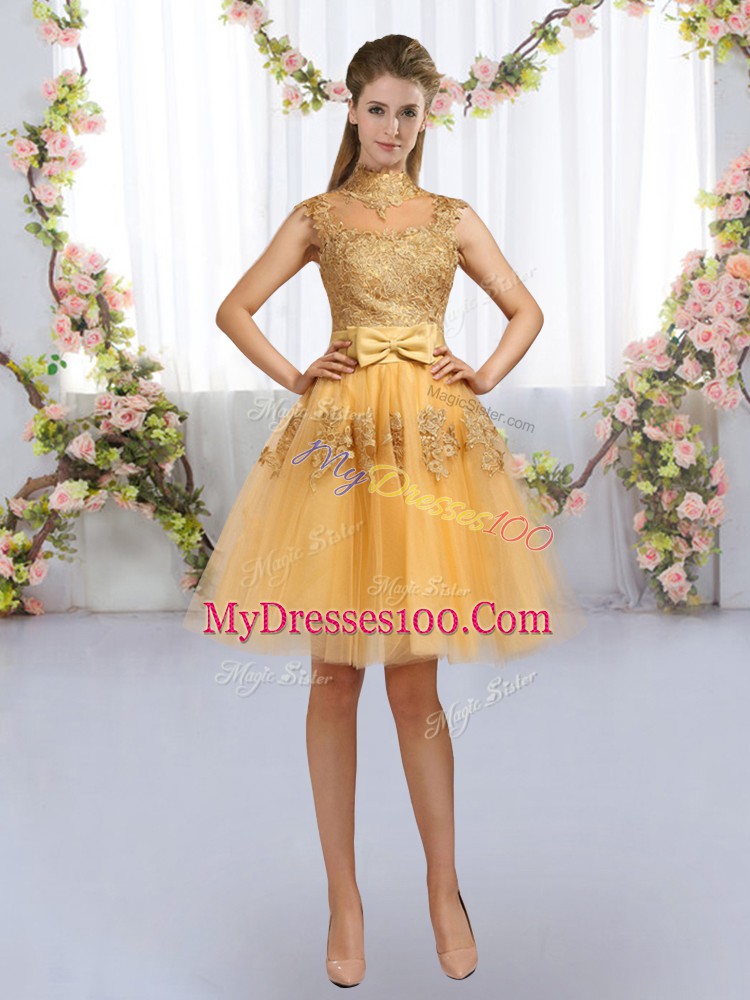 Gold A-line Lace and Bowknot Bridesmaid Dresses Zipper Tulle Cap Sleeves Knee Length