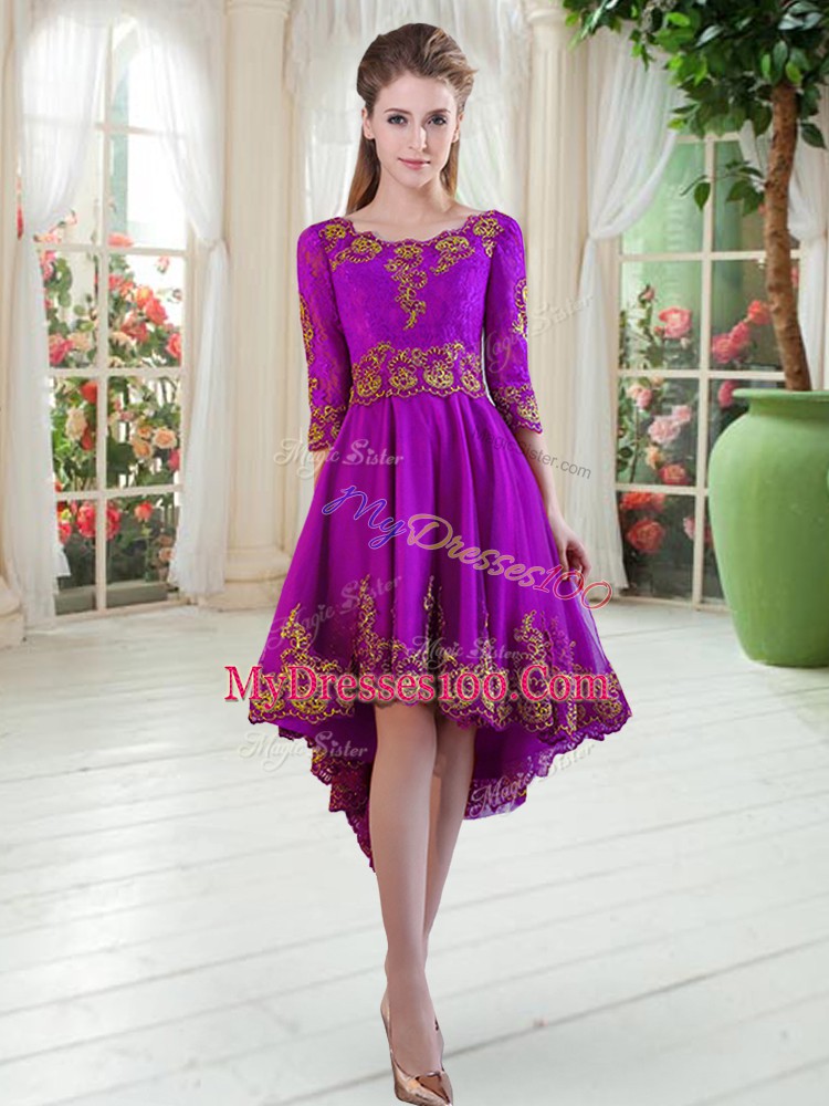 Fashionable High Low Purple Evening Dress Scoop Long Sleeves