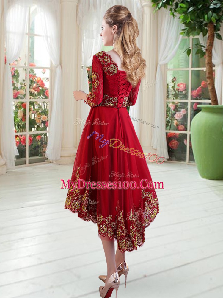 Fashionable High Low Purple Evening Dress Scoop Long Sleeves