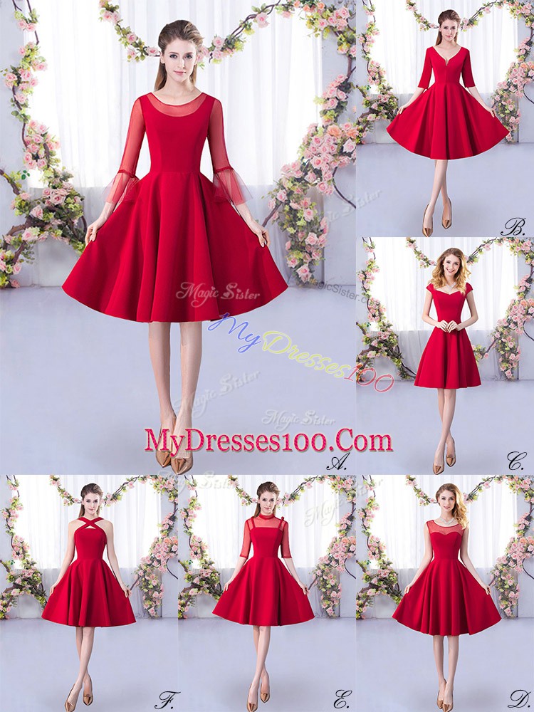 Glamorous A-line Quinceanera Court Dresses Red Scoop Satin 3 4 Length Sleeve Knee Length Zipper