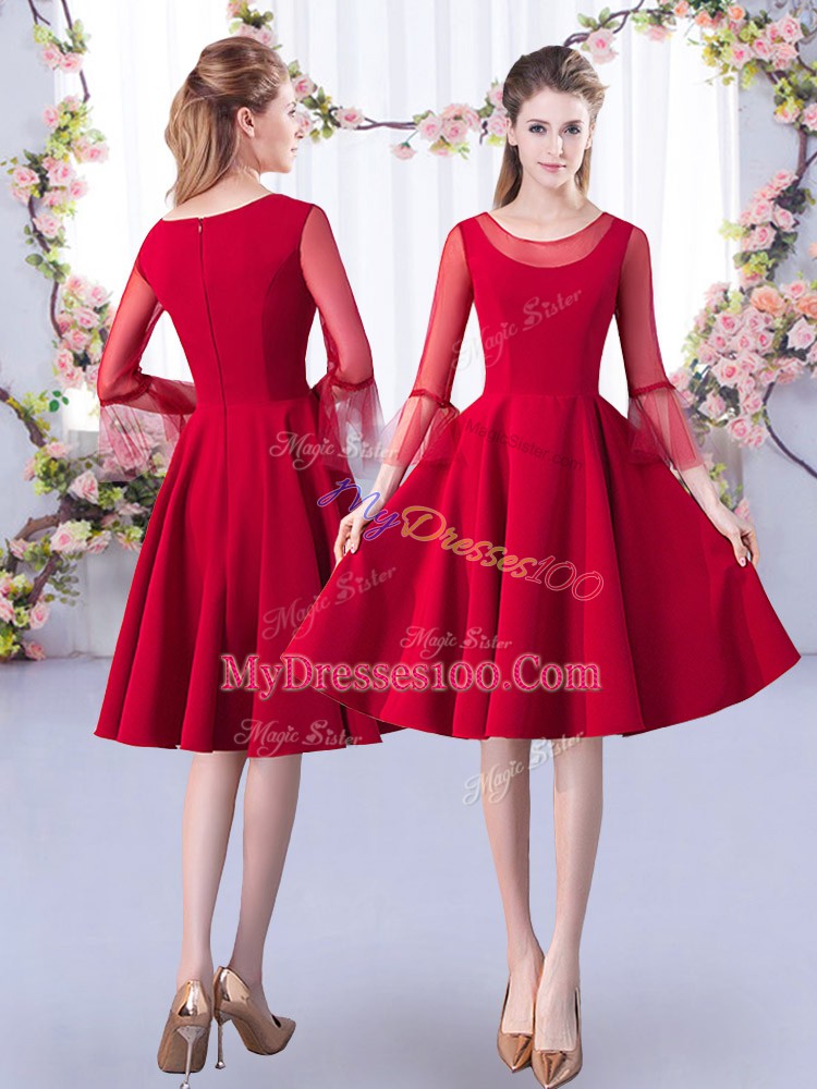Glamorous A-line Quinceanera Court Dresses Red Scoop Satin 3 4 Length Sleeve Knee Length Zipper