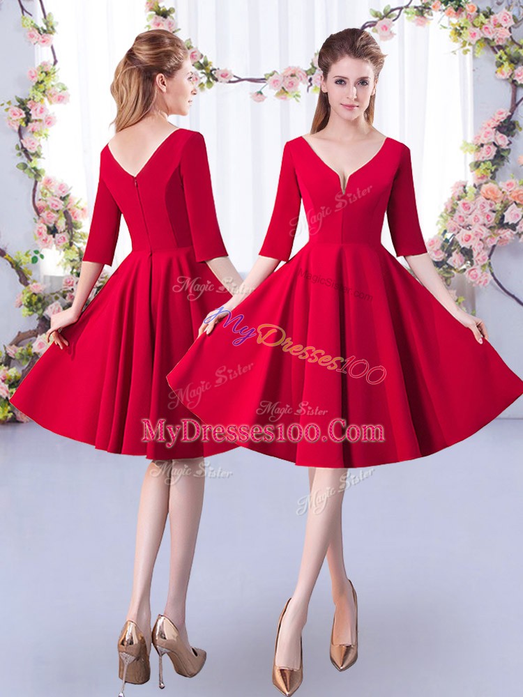 Glamorous A-line Quinceanera Court Dresses Red Scoop Satin 3 4 Length Sleeve Knee Length Zipper