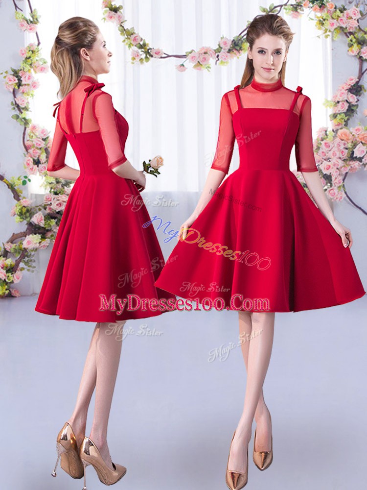 Glamorous A-line Quinceanera Court Dresses Red Scoop Satin 3 4 Length Sleeve Knee Length Zipper