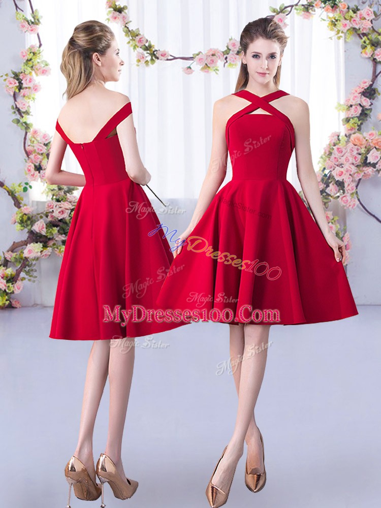 Glamorous A-line Quinceanera Court Dresses Red Scoop Satin 3 4 Length Sleeve Knee Length Zipper