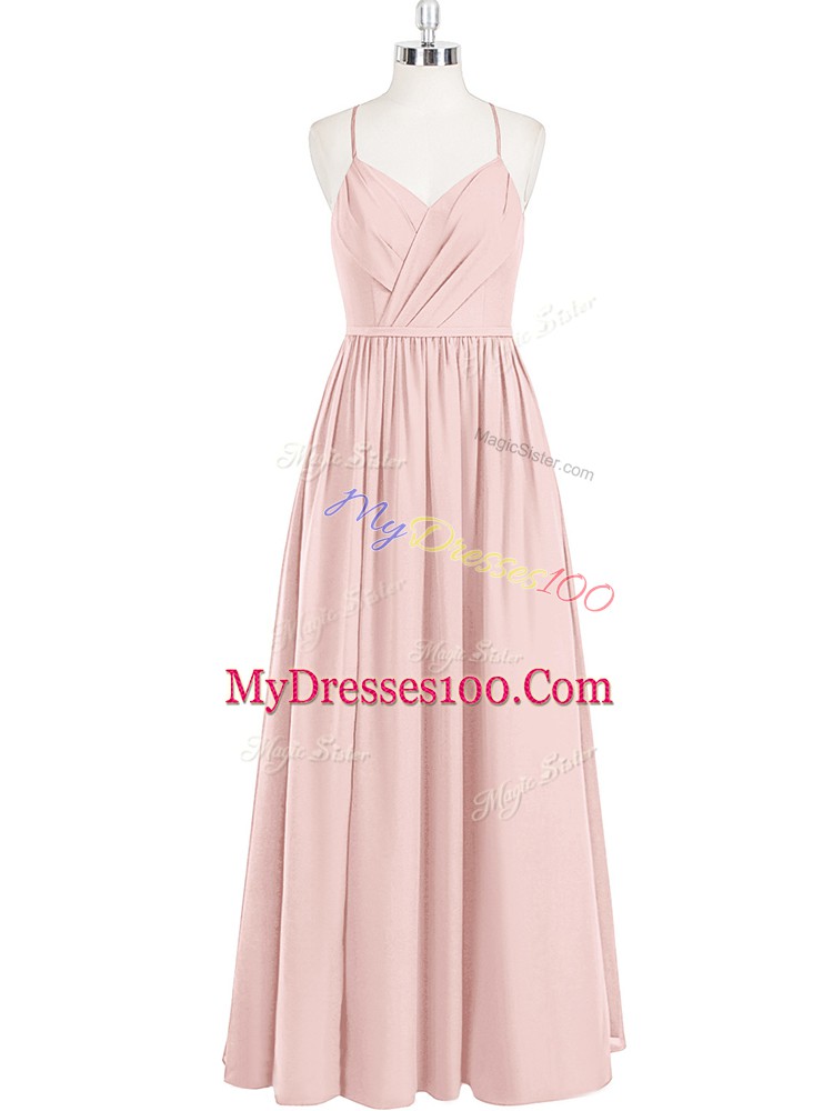 High Class Pink Sleeveless Chiffon Criss Cross Prom Evening Gown for Prom and Party