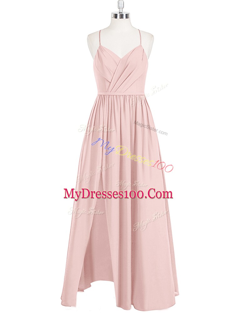 High Class Pink Sleeveless Chiffon Criss Cross Prom Evening Gown for Prom and Party
