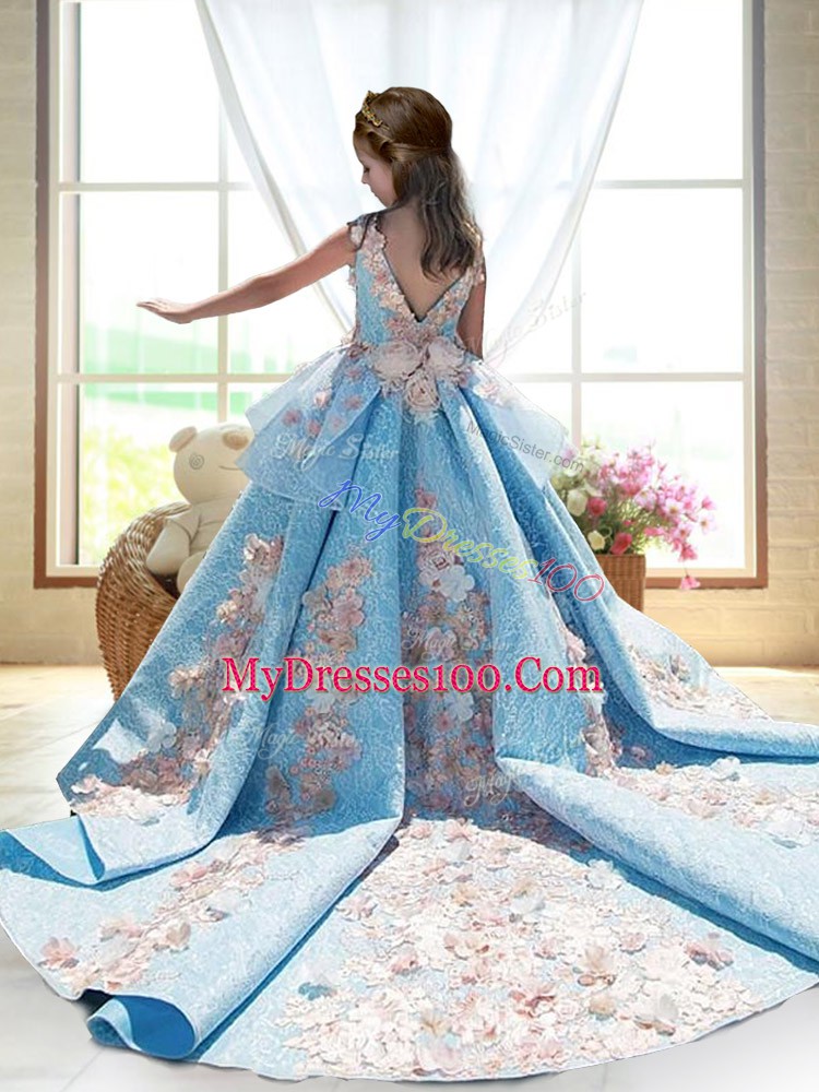 Satin Sleeveless Pageant Dress Wholesale Court Train and Appliques