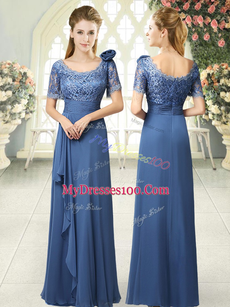 Fine Blue Scoop Neckline Beading and Ruching Evening Dress Short Sleeves Zipper