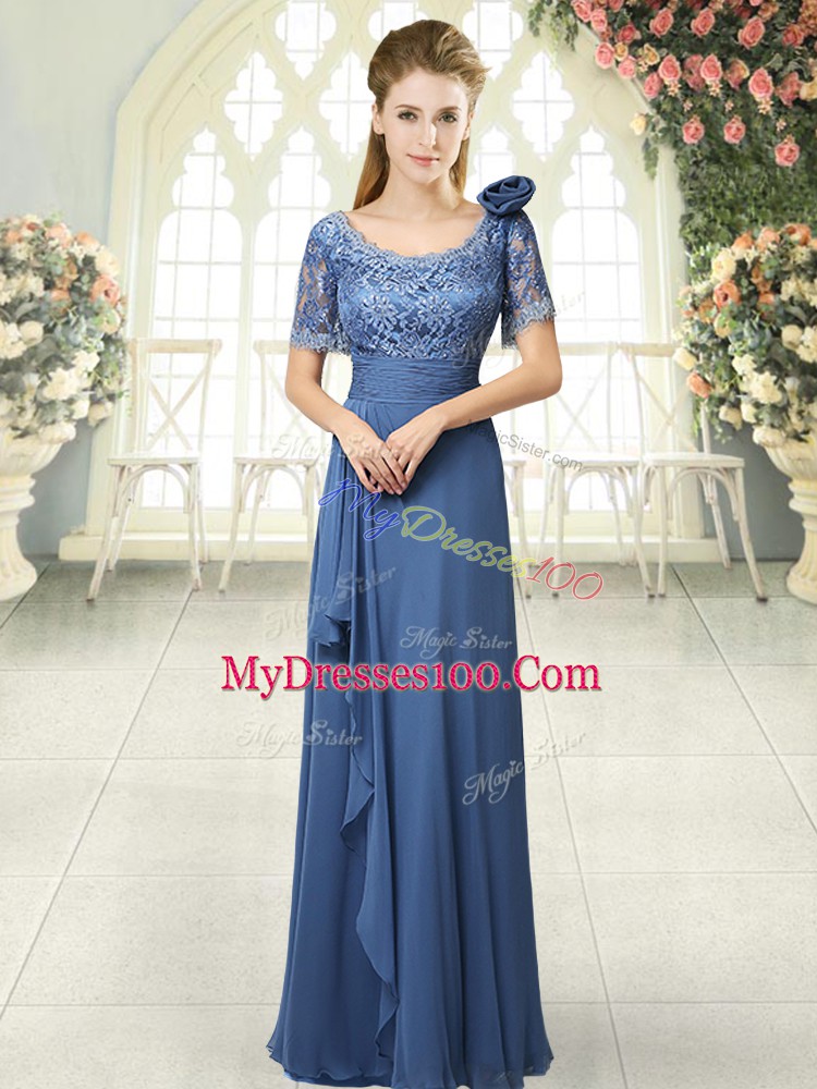 Fine Blue Scoop Neckline Beading and Ruching Evening Dress Short Sleeves Zipper