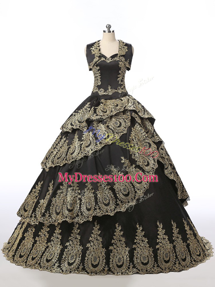 Top Selling Floor Length Lace Up 15 Quinceanera Dress Black for Military Ball and Sweet 16 and Quinceanera with Embroidery