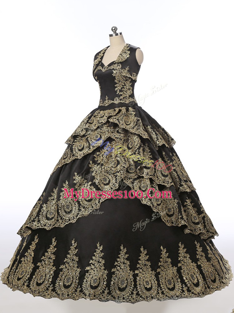 Top Selling Floor Length Lace Up 15 Quinceanera Dress Black for Military Ball and Sweet 16 and Quinceanera with Embroidery
