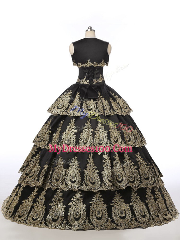 Top Selling Floor Length Lace Up 15 Quinceanera Dress Black for Military Ball and Sweet 16 and Quinceanera with Embroidery