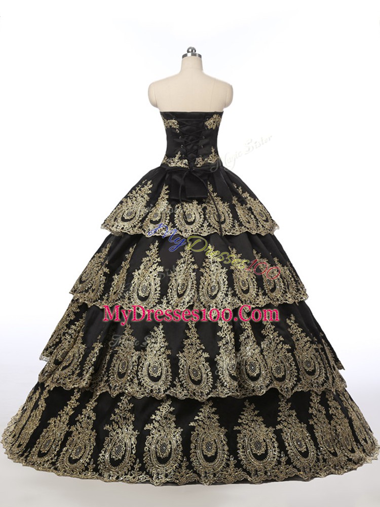 Top Selling Floor Length Lace Up 15 Quinceanera Dress Black for Military Ball and Sweet 16 and Quinceanera with Embroidery