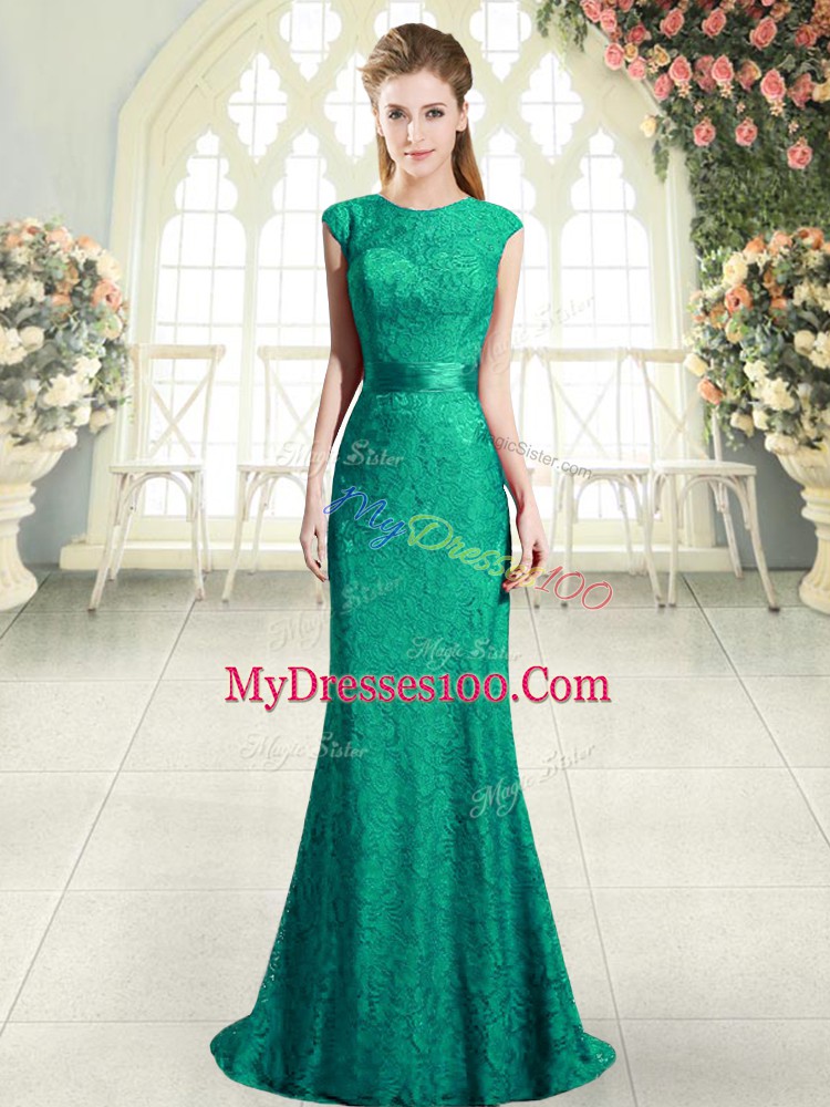 Fantastic Turquoise Backless Evening Dress Beading and Lace Cap Sleeves Sweep Train