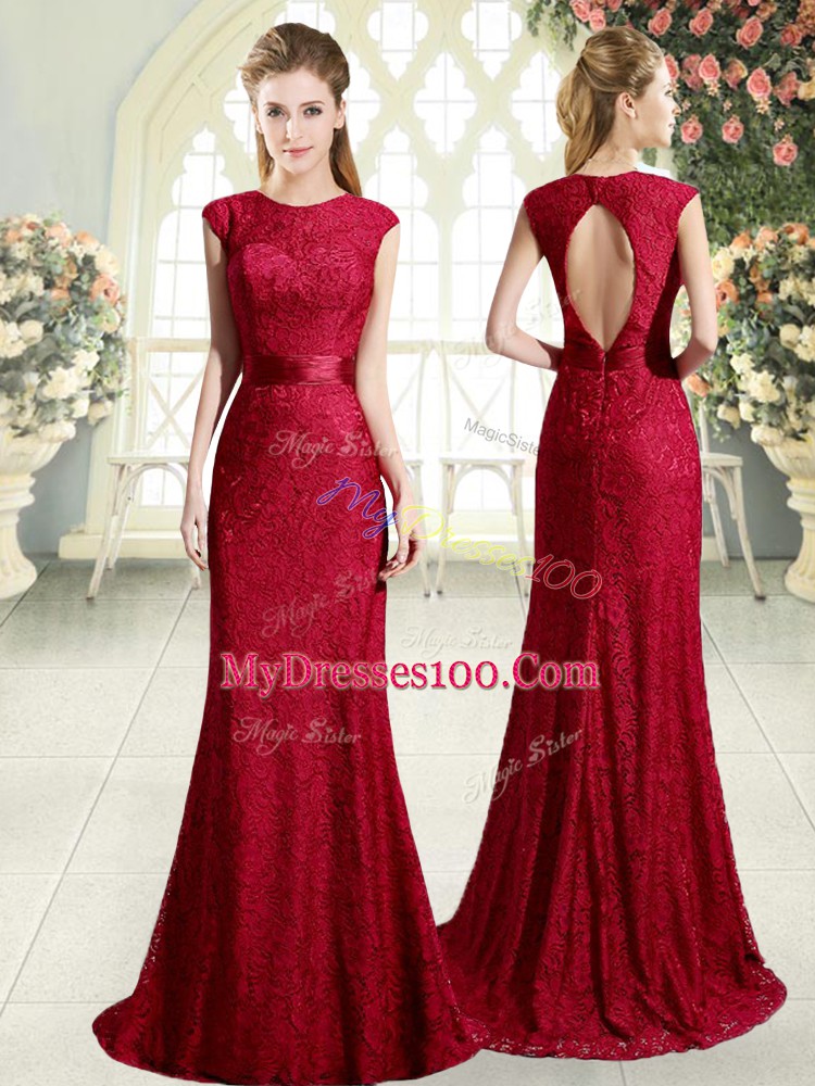 Super Sleeveless Sweep Train Backless Homecoming Dress in Red with Lace