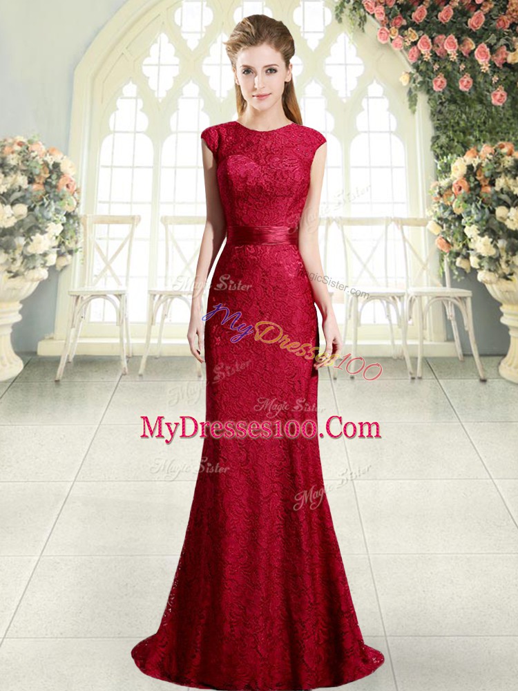 Super Sleeveless Sweep Train Backless Homecoming Dress in Red with Lace