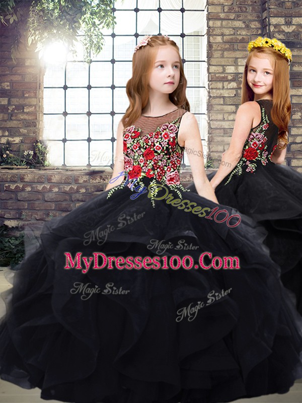 Custom Designed Floor Length Black Pageant Dress for Teens Scoop Sleeveless Zipper