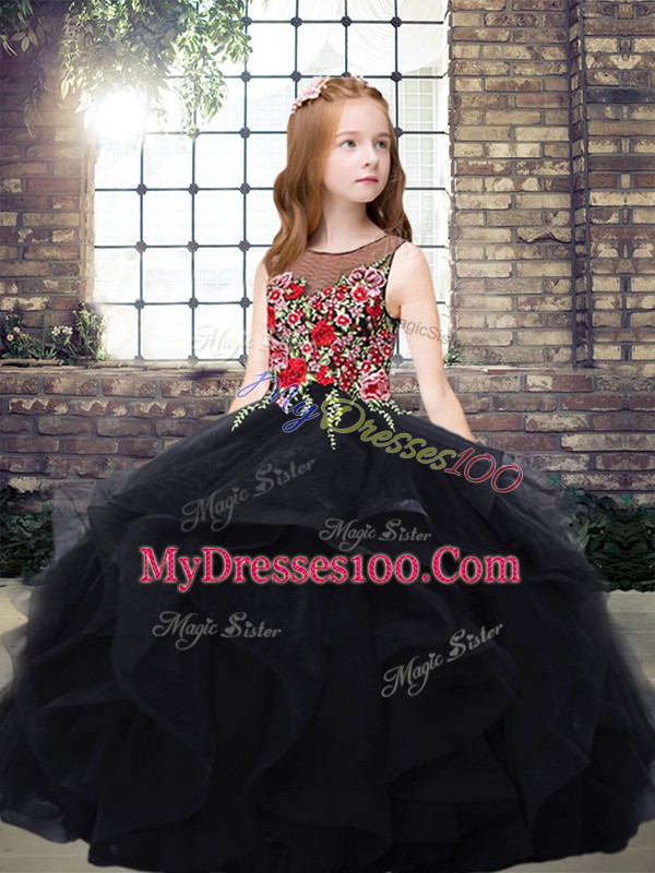 Custom Designed Floor Length Black Pageant Dress for Teens Scoop Sleeveless Zipper