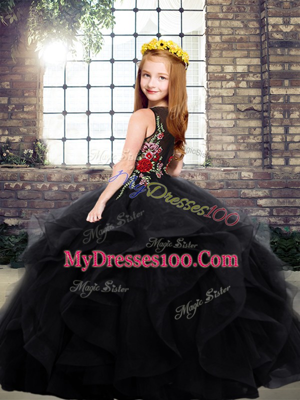 Custom Designed Floor Length Black Pageant Dress for Teens Scoop Sleeveless Zipper