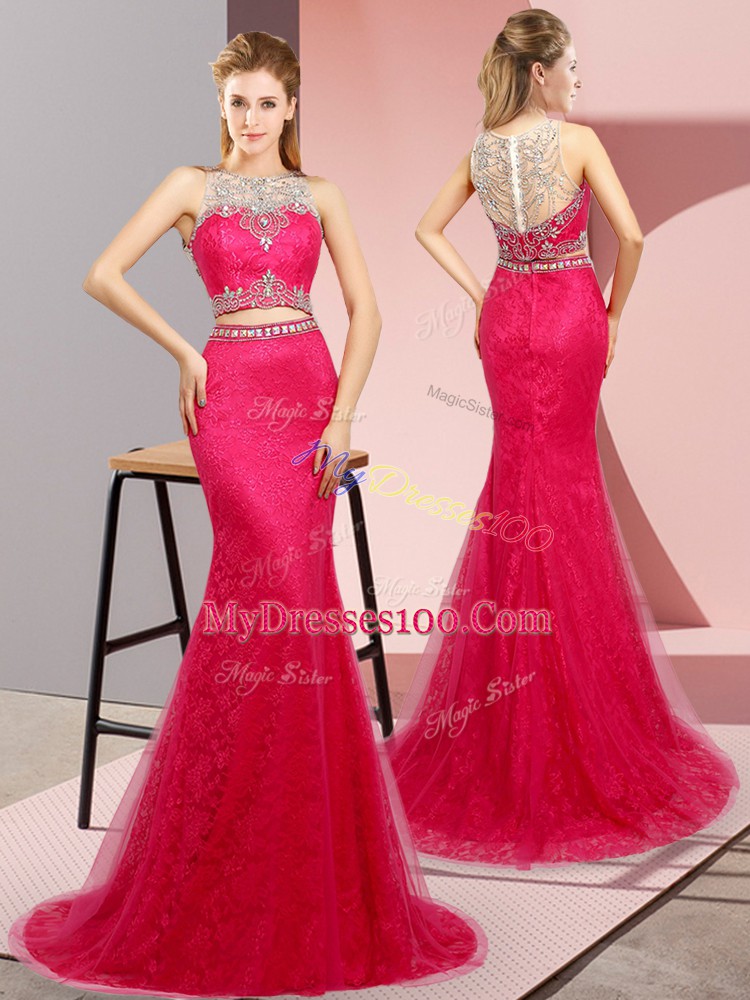 Hot Pink Two Pieces Tulle and Lace Scoop Sleeveless Beading Lace Up Evening Gowns Sweep Train