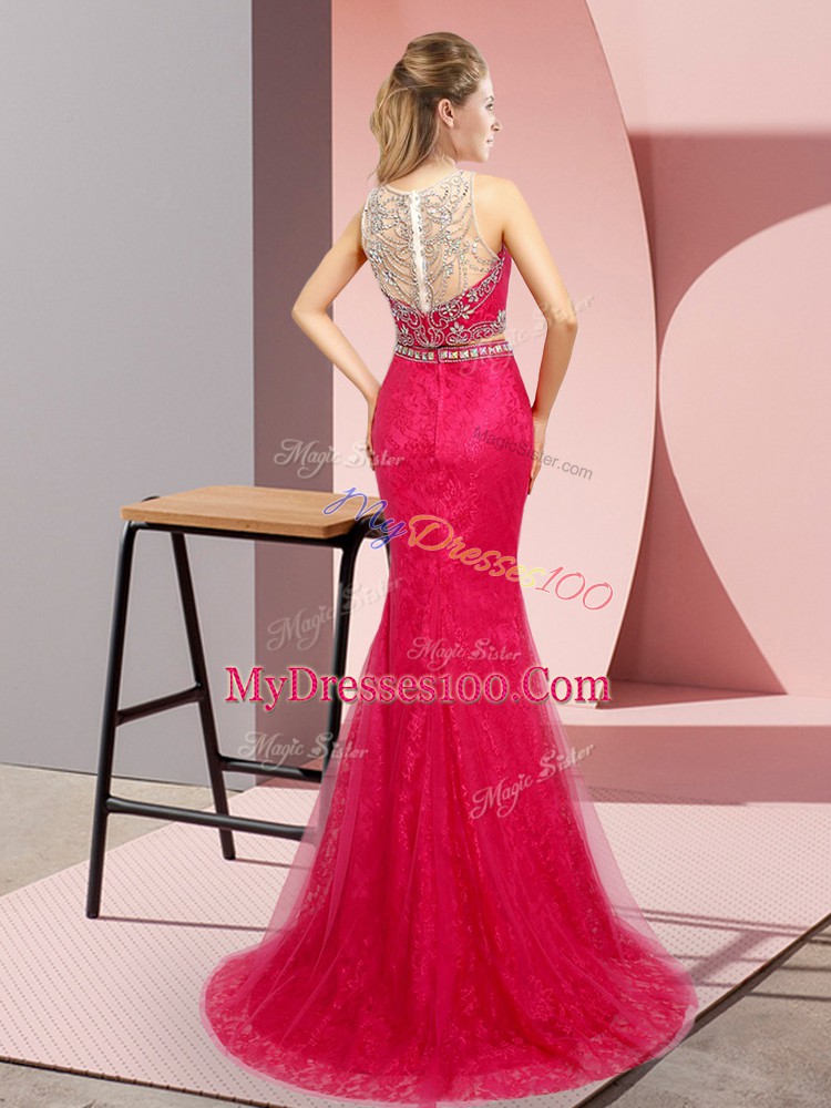 Hot Pink Two Pieces Tulle and Lace Scoop Sleeveless Beading Lace Up Evening Gowns Sweep Train