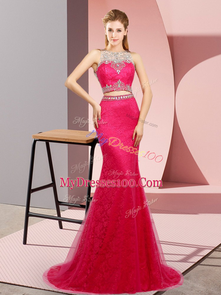 Hot Pink Two Pieces Tulle and Lace Scoop Sleeveless Beading Lace Up Evening Gowns Sweep Train