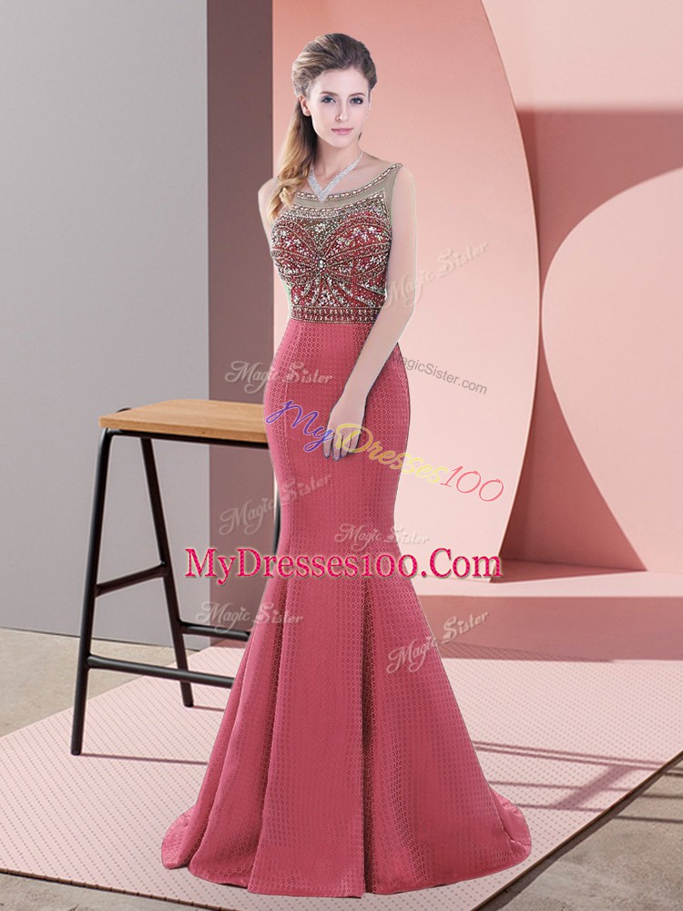 Flare Sweep Train Mermaid Homecoming Dress Red Scoop Satin Sleeveless Backless