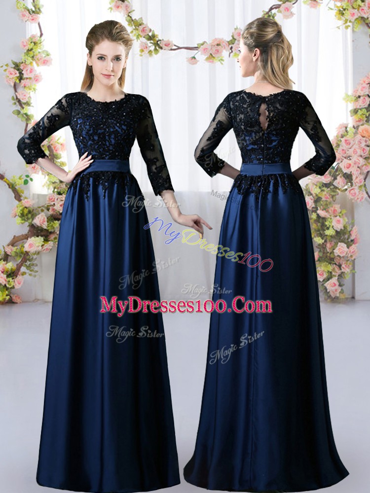 Navy Blue Empire Satin Scoop 3 4 Length Sleeve Lace Floor Length Zipper Bridesmaids Dress