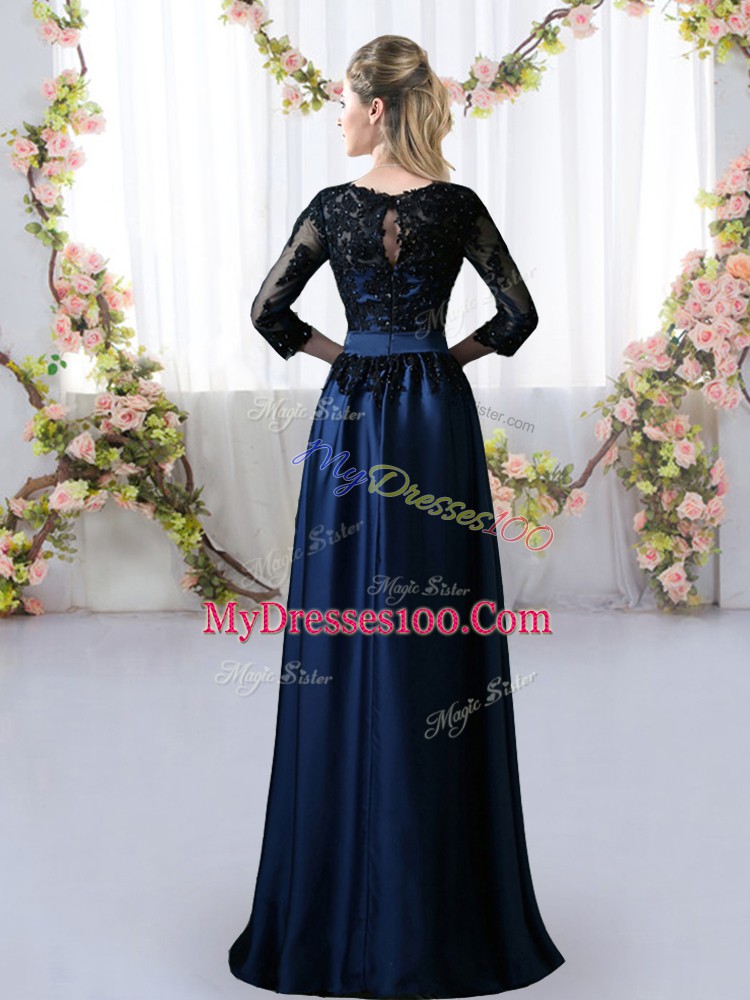 Navy Blue Empire Satin Scoop 3 4 Length Sleeve Lace Floor Length Zipper Bridesmaids Dress