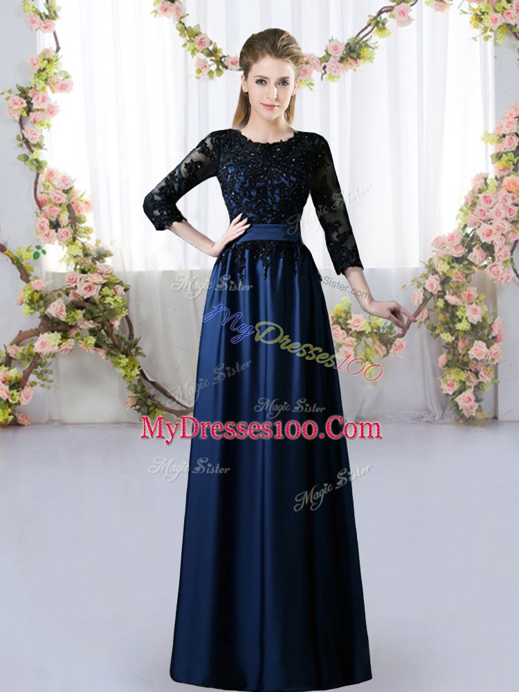 Navy Blue Empire Satin Scoop 3 4 Length Sleeve Lace Floor Length Zipper Bridesmaids Dress