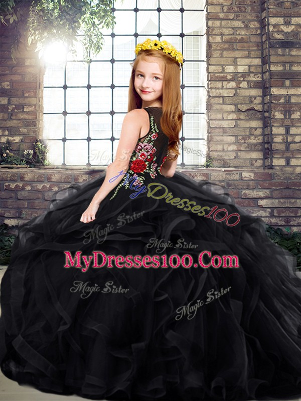 Black Pageant Dresses Party and Wedding Party with Embroidery and Ruffles Scoop Sleeveless Sweep Train Zipper