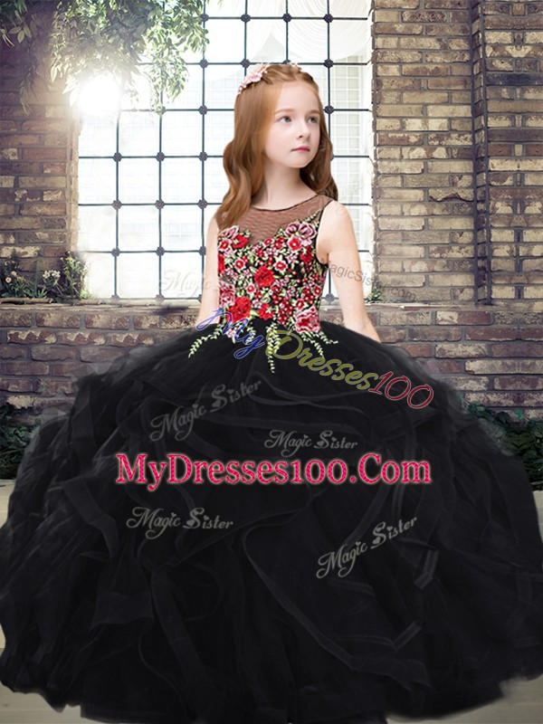 Black Pageant Dresses Party and Wedding Party with Embroidery and Ruffles Scoop Sleeveless Sweep Train Zipper