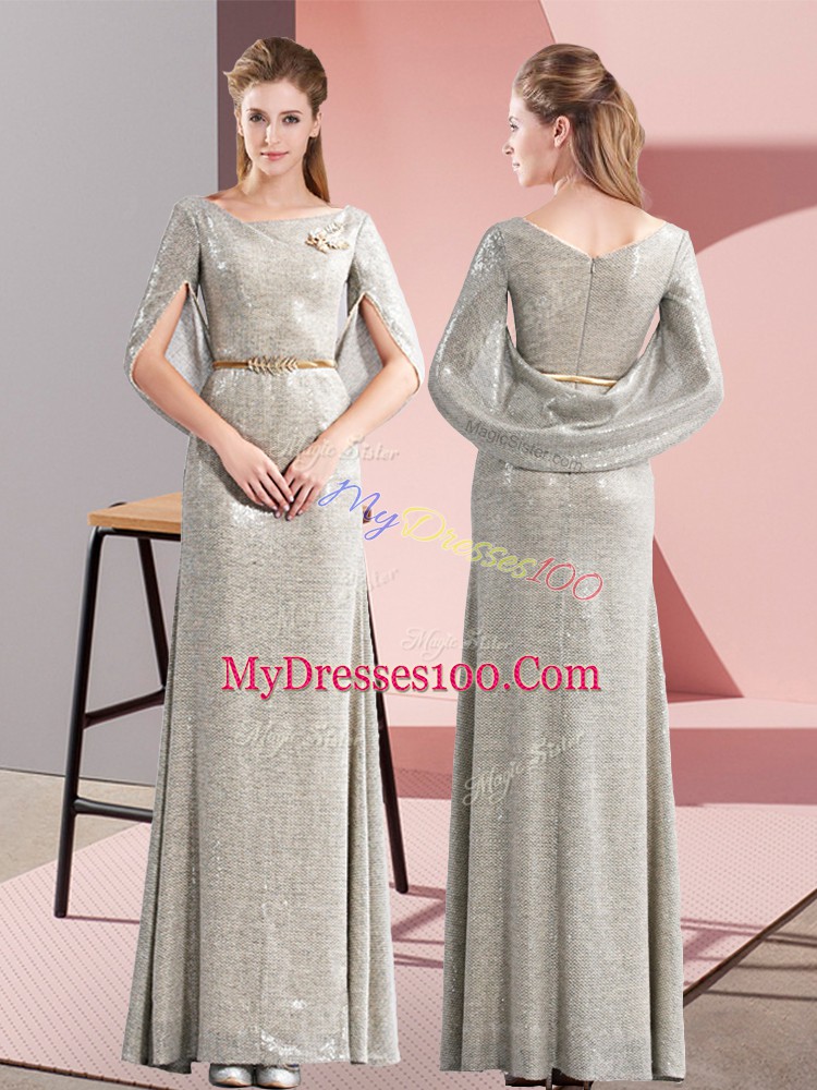 Grey Column/Sheath Scoop Half Sleeves Belt Floor Length Zipper