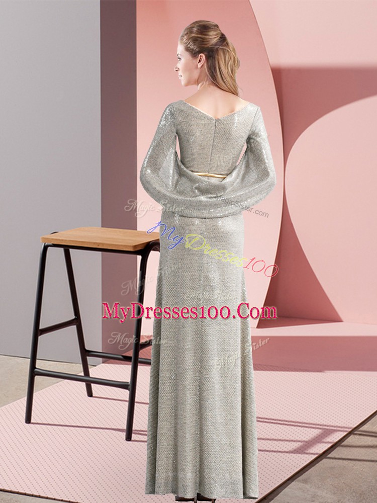 Grey Column/Sheath Scoop Half Sleeves Belt Floor Length Zipper