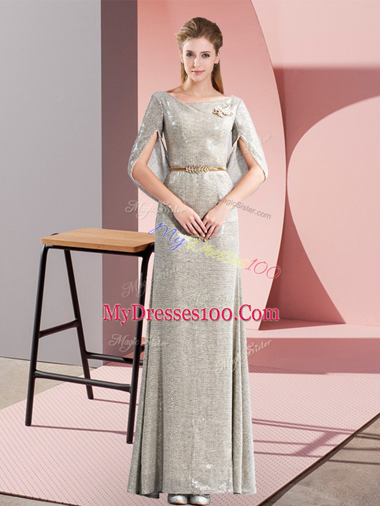 Grey Column/Sheath Scoop Half Sleeves Belt Floor Length Zipper