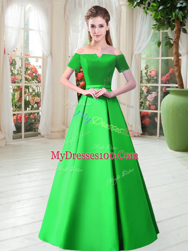Floor Length Lace Up Prom Gown Green for Prom and Party with Belt