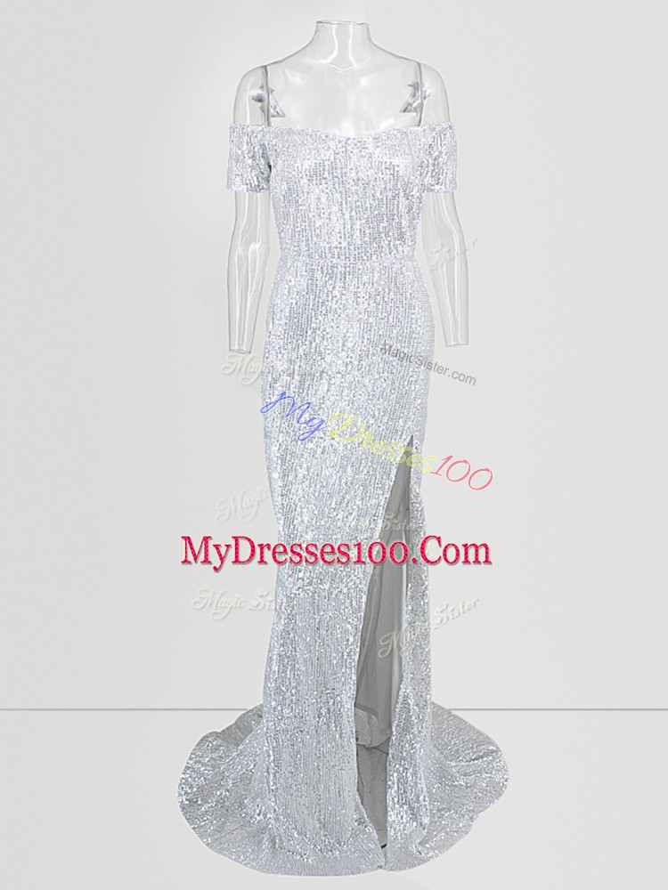 Short Sleeves Sweep Train Evening Dress in Silver with Sequins