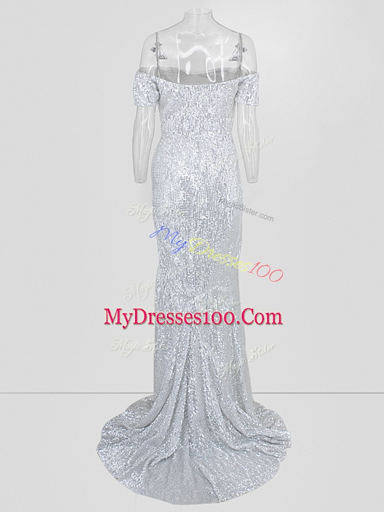 Short Sleeves Sweep Train Evening Dress in Silver with Sequins