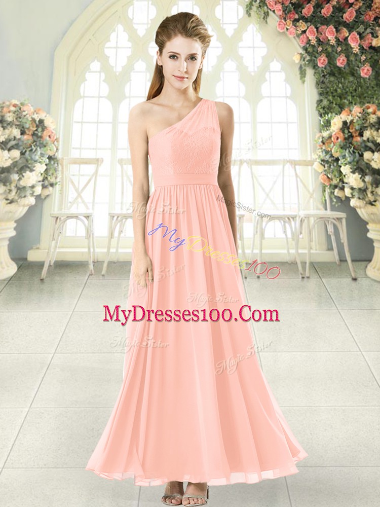 Deluxe Pink Prom Gown Prom and Party with Lace One Shoulder Sleeveless Side Zipper