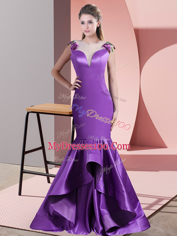 Side Zipper Prom Party Dress Eggplant Purple for Prom and Party and Military Ball with Appliques Sweep Train
