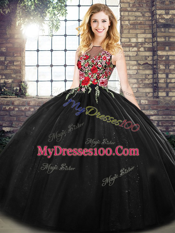 Black Ball Gowns Scoop Sleeveless Floor Length Zipper Embroidery Sweet 16 Dress
