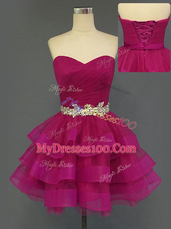 Delicate Fuchsia Lace Up Dress for Prom Beading and Ruffled Layers and Ruching Sleeveless Mini Length